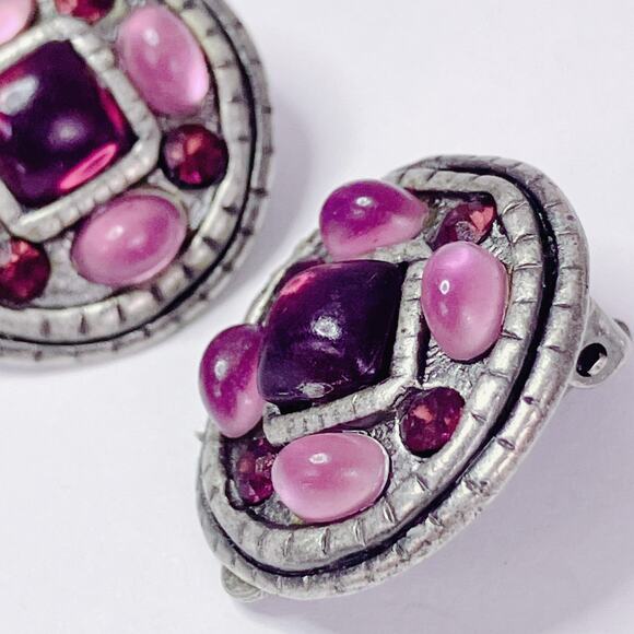 VTG Artisan Earrings Silver Tone Lucite Purple Pink Clip On Vibrant Colorful 80s - Picture 11 of 13